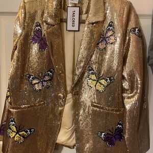 QUEEN OF SPARKLES Gold Sequin Blazer with Butterfly Accents NWT Small